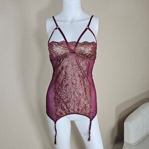 Dreamgirl Mesh and Lace Sexy Garter Chemise Lingerie, Burgundy & Gold, One Size